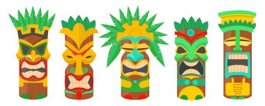 Çizgi film tarzında renkli tiki maskeleri. Farklı duygulara sahip farklı tiki maskelerinin ve beyaz arka planda yeşil yaprakların vektör çizimi. Hawaii ahşap kabile totemi.