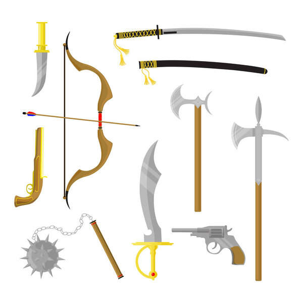 Set of medieval weapons in cartoon style. Vector illustration of beautiful different vintage weapons: knife, bow, grenade, sword, saber, pistol, revolver, hatchet isolated on white background