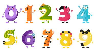 Çizgi film tarzında bir dizi komik sayı. Hayvan numaralı karakterlerin vektör çizimleri: kediler, timsah, flamingo, baykuş, balık, dinozor, kaplan ve panda beyaz arka planda matematik öğrenen çocuklar için..