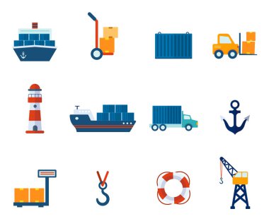 Bir dizi liman simgesi. Mal limanında kargo yükleme ve boşaltma simgelerinin karikatür sahneleri: kargo gemisi, tramvay, deniz feneri, kargo arabası, çapa, cankurtaran, vinç beyaz arka planda izole edilmiş.