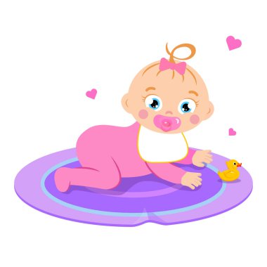 Şirin ve güzel bir kızın vektör çizimi. Karikatür sahnesinde, emzik ile halıda sürünen pembe bir kostüm ve önlükle beyaz bir ördek ve kupa giyen bir bebek vardı..