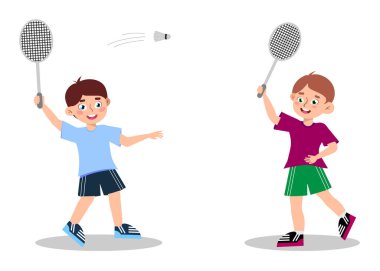 Badminton oynayan sevimli çocukların temsilcisi. Beyaz arka planda izole edilmiş raketlerle badminton oynayan çocukların karikatür sahnesi..
