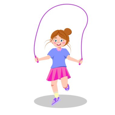 Şirin ve güzel bir kızın ip atlama temsili. Beyaz arka planda izole edilmiş, gülümseyen bir kızın ip atlama sahnesi..