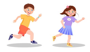 Şirin koşan çocukların vektör çizimi. Çizgi film sahnesinde gülümseyen bir oğlan ve kız beyaz arka planda izole edilmiş bir yakalama oyunu oynuyorlar..