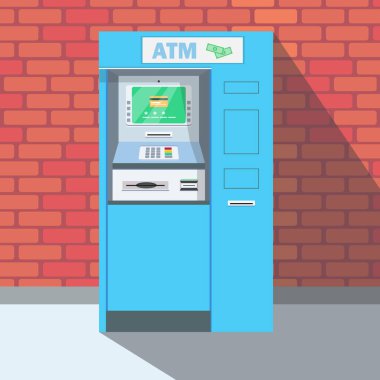 ATM 'nin vektör çizimi. Bankamatik makineli bir karikatür sahnesi. Tuğla duvara yapıştırılmış banka kartlarını kullanıp para çekmek için kullanılıyor. Otomatik hizmet ATM 'si.