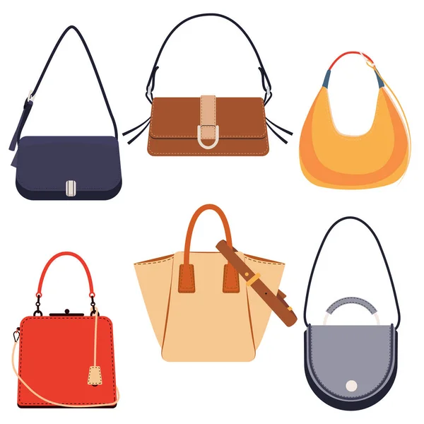 stock vector Set of fashionable women's handbags in a cartoon style. Vector illustration of beautiful colored bags with different designs, shapes and sizes isolated on white background. Women's accessories.