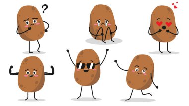 Çizgi film tarzında şirin patates karakterleri. Patatesin farklı duygulardaki vektör çizimi ve pozlar: patates düşünme, ağlama, aşık olma, güçlü kaslara sahip olmak, serin, yürüyen.