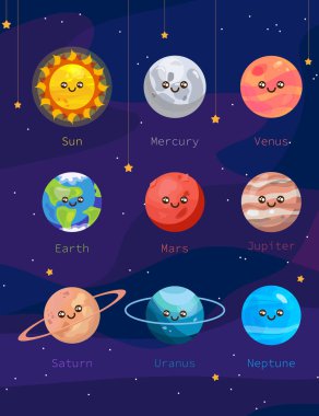 Çizgi film tarzında bir dizi güneş sistemi gezegeni. Gezegenlerin sevimli kawaii karakterlerinin vektör çizimi: Güneş, Merkür, Venüs, Dünya, Mars, Jüpiter, Satürn, Uranüs, Yıldızlı Neptün.