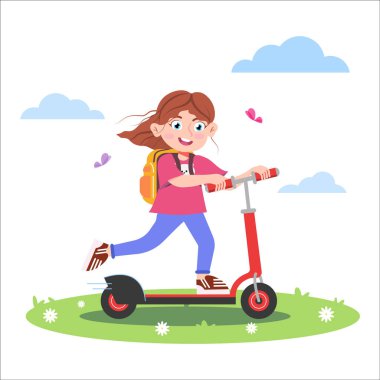 Scooter süren bir kızın vektör çizimi. Beyaz bir arka planda, kelebeklerle dolu bir motosiklete binen, evrak çantasıyla gülümseyen bir kızın karikatür sahnesi..