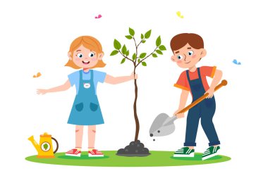 Çocukların ağaç dikmesinin vektör çizimi. Gülen oğlan ve kızın ağaç diktiği karikatür sahnesi ve beyaz arka planda izole edilmiş kelebekler..