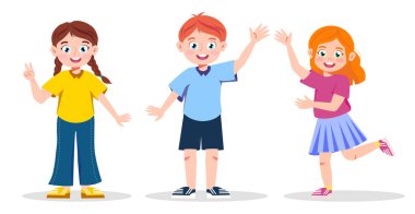 Bir fotoğraf için poz veren mutlu çocukların vektör çizimi. Gülen ve neşeli çocukların farklı pozlarda olduğu çizgi film sahnesi: Kız zafer işareti gösteriyor, erkek ve kız beyaz arka planda el sallıyor..