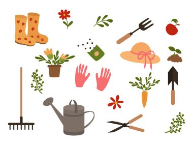 Çizgi film tarzında bahçe aletleri. Bahçe eşyalarının vektör çizimi: lastik çizmeler, tohumlar, tırmık, kürek, sulama kutusu, eldivenler, mezhepçiler, şapka, çiçekler, beyaz arka planda izole edilmiş yapraklar.