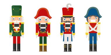 Çizgi film tarzında bir dizi Noel masalı fındıkkıran karakteri. Beyaz arka planda izole edilmiş farklı kostümlü güzel fındıkkıran askerlerinin vektör çizimi.