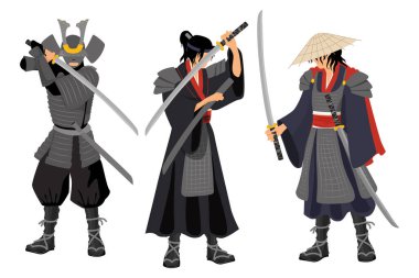 Çizgi film stili samuray savaşçıları. Geleneksel Japon samuray savaşçılarının bembeyaz arka planda izole edilmiş kılıçlarla farklı poziyonlarda ve duygularda vektör çizimi.