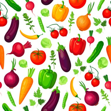 Çizgi film tarzında sebzeli desen. Patlıcan, pancar, lahana, domates, biber, kırmızı biber, bezelye, salatalık, havuç, soğan, turp ve beyaz arkaplanlı kusursuz arkaplan örnekleri..
