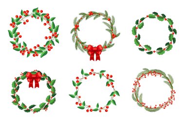 Çizgi film tarzında Noel çelenkleri. Beyaz arka planda bayram süsü olarak farklı ağaçlardan ve böğürtlenli çelenklerin vektör çizimi.