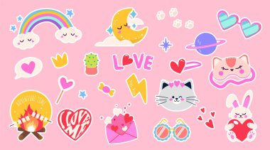 Set of beautiful stickers in cartoon style. Vector illustration of stickers: rainbow with clouds, crescent moon, bonfire with fire, glasses, crown, star, heart, cactus, candy, love letter, bunny, cat. clipart