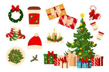 Çizgi film tarzında yeni yıl unsurları. Oyuncaklar, hediyeler, çelenkler, zencefilli kurabiyeler, mumlar, Noel çorabı, sıcak içecek, eldivenler, lolipoplarla süslenmiş bir Noel ağacının vektör çizimi..