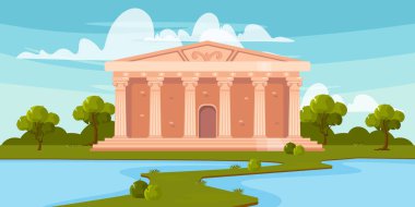 Güzel antik bir tapınağın vektör çizimi. Sütunları, iyonik emirleri, girişi, merdivenleri, ağaçları, çalıları, yolu, gökyüzü ve beyaz bulutları olan antik tapınağın karikatür manzarası.