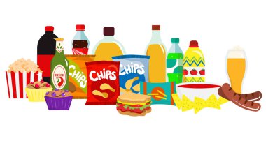 Bir yığın lezzetli yemek hazırla. Yiyecek ve içeceklerin vektör illüstrasyonu: kola, fanta, sprite, patlamış mısır, cips, kap kek, sandviç, sosis, bira, nachos, ketçap, soslar beyaz arka planda izole edilmiş.