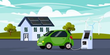 Güzel elektrik şarj istasyonlarının vektör çizimi. Elektrikli arabanın şarj edildiği karikatür manzarası, güneş enerjili ev, arka planda rüzgar türbinleri..