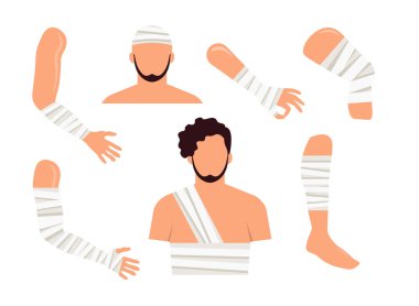 Çizgi film tarzında değişen karmaşıklıkta kırıklar. Kolları, bacakları, dizleri, göğsü ve kafası beyaz arka planda olan bir adamın vektör çizimi..