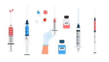 Çizgi film tarzında beyaz şırıngalar. Farklı şekillerdeki şırıngaların vektör çizimi ve beyaz arka planda farklı aşılar, vitaminler ve diğer ilaçlar.