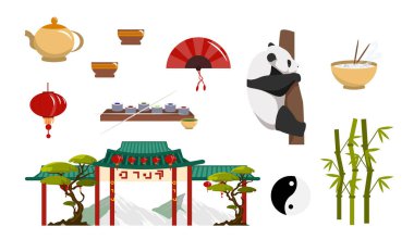 Asya için karikatür tarzında ekipmanlar. El fanı, panda, bambu, Çin kemeri, suşi, buğulanmış pirinç, Asya lambası, çay ile çaydanlık, beyaz arka planda yin ve yang..