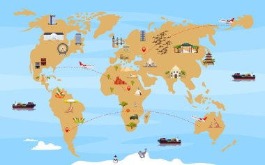 İlginç bir oyun dünyası haritasının vektör çizimi. Karikatür haritası farklı ülkelerden görüntüler ve hayvanlar, uçak ve gemi uçuşları.