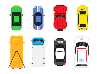 Set of beautiful cars with top views in cartoon style. Vector illustration of ambulances, police, taxis, trolleybuses, trucks, racing and conventional on white background. clipart