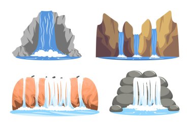 Çizgi film tarzında çeşitli şelaleler. Dağ kayalarından akan şelalelerin vektör çizimi. Nehirden düşen su akıntısı beyaz arka planda izole edildi.