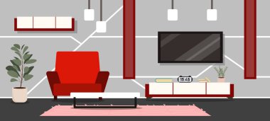 Modern bir odanın iç mekânının vektör çizimi. Çizgi film minimalist oturma odası içinde rahat bir sandalye, bir masa, bir televizyon, içinde saat ve kitaplar olan bir komodin, bir raf, iç mekan bitkileri..