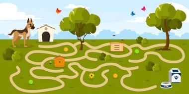 Çocuklar için köpekli bir oyun labirentinin vektör çizimi. Labirentin dallı bir çizgi film manzarası, arı kovanı, arılar, ağaçlar, otobüsler, köpek kulübesi, kelebekler. Köpeğin yiyecek bulmasına yardım etmek için oyun.