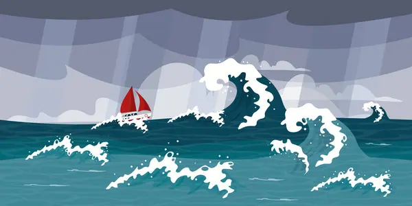 Vector Illustration Beautiful Sea Storm Landscape Cartoon Seascape Gray Sky — Stock Vector