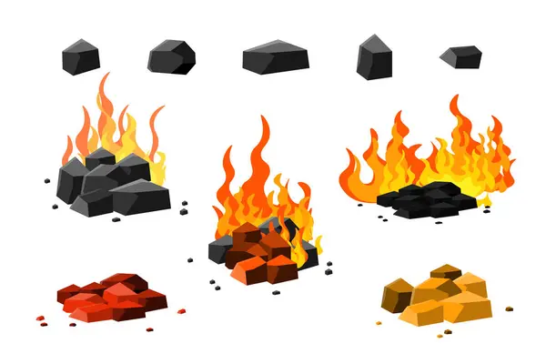 Σετ Από Φωτιές Αναμμένα Κάρβουνα Στυλ Κινουμένων Σχεδίων Εικονογράφηση Διάνυσμα Διανυσματικά Γραφικά