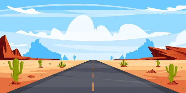 Διάνυσμα Απεικόνιση Ενός Καλοκαιρινού Τοπίου Ασφαλτοστρωμένο Δρόμο Στην Έρημο Γελοιογραφία Εικονογράφηση Αρχείου