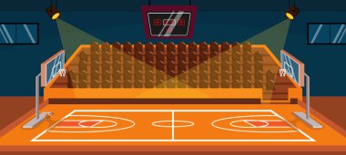Çizgi film tarzında basketbol maçları için kapalı bir stadyumun vektör illüstrasyonu. Salon projektörlerle aydınlatılmış, modern bir skorborda.,