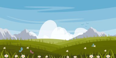 Tarlalardan ve dağlardan oluşan güzel bir vektör manzarası, uzaklarda, çizgi film tarzında görülüyor. Açık gökyüzü, uçan kuşlar, tarlada büyüyen papatyalar, parlak kelebekler. Vadide güzel bir sabah.