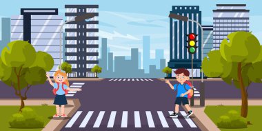 Çizgi film tarzında yaya geçidinin vektör çizimi. Çocuklar trafik ışıklarıyla okuldan eve yürüyorlar. Şehirde güneşli bir hava. Trafik kanunları. Yayalar.