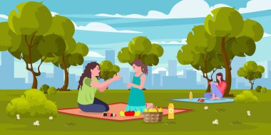Çizgi film tarzında parkta eğlencenin vektör çizimi. Anne ve kızı piknikte. Kız arka planda telefona bakıyor.