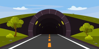 Çizgi film tarzında bir yol tünelinin vektör çizimi. Arabalar, ağaçlar, çimenler ve çalılar için yol açık bir gökyüzüne karşı. Sarı ışıklandırmalı yeraltı geçidi.