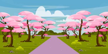 Bahar Ormanı 'nın çizgi film tarzında vektör çizimi. Mavi gökyüzünün altındaki çiçek açan ağaçların ortasında. Doğada bahar.