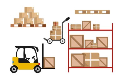 Kamyon karikatür tarzının vektör çizimi. Beyaz arka planda izole edilmiş arabaları kullanarak çeşitli kutu ve kalkanları taşımak. Ekipman kaldırılıyor.