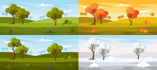 Vector illustration of the four seasons of the year. Cartoon colorful landscape with trees that grow and change throughout the year. spring, summer, autumn,winter.