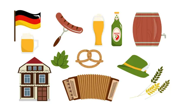 德国的一套传统和文化项目的矢量图解 慕尼黑的标志 啤酒桶 香肠叉子 椒盐卷饼 一套Oktoberfest 德国卡通风格的节日 — 图库矢量图片#