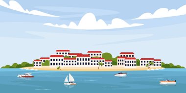 Güzel bir deniz manzarasının vektör çizimi. Bulutlu bir yaz manzarasının karikatür sahnesi, yeşilli evler, palmiye ağaçlı bir plaj, yatlı bir deniz ve yelkenli. Panoramik manzara.