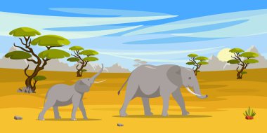 Afrika manzarasının vektör çizimi. Bir fil ve bir bebek fil, bir kanguru, ağaçlar, kayalar, kum, bir nehir ve çimlerle dolu bir kanguru olan yaz çöl manzarası..