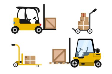 Çizgi film tarzında mal taşıma araçları. Farklı taşıma araçlarının vektör illüstrasyonu: sarı forklift, kutulu el kamyonları, beyaz kutular üzerinde izole edilmiş otomatik yükleyici.
