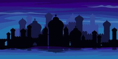 İslam şehrinin güzel bir gece manzarasının vektör çizimi. İslami mimari, camiler, kubbeler ve sütunlardan oluşan gece manzaralı karikatür sahnesi, deniz. Arap şehri.