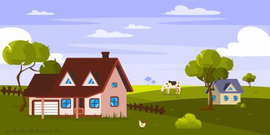Vector illustration of a beautiful, summer village landscape. Cartoon scene with rural landscape with sky and clouds, houses, a fence, a cow grazing on a meadow, a chicken, trees, bushes, grass. clipart